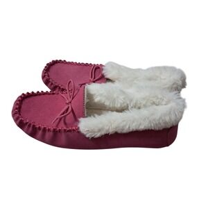 Talbots Ruby Suede Slippers Moccasins Women's 7 Pink Leather Bow Comfy Faux Fur‎